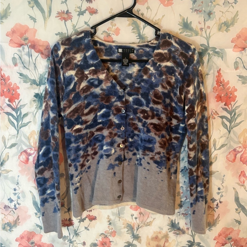 Vintage Carole Little Blue and Brown Animal Print Cardigan